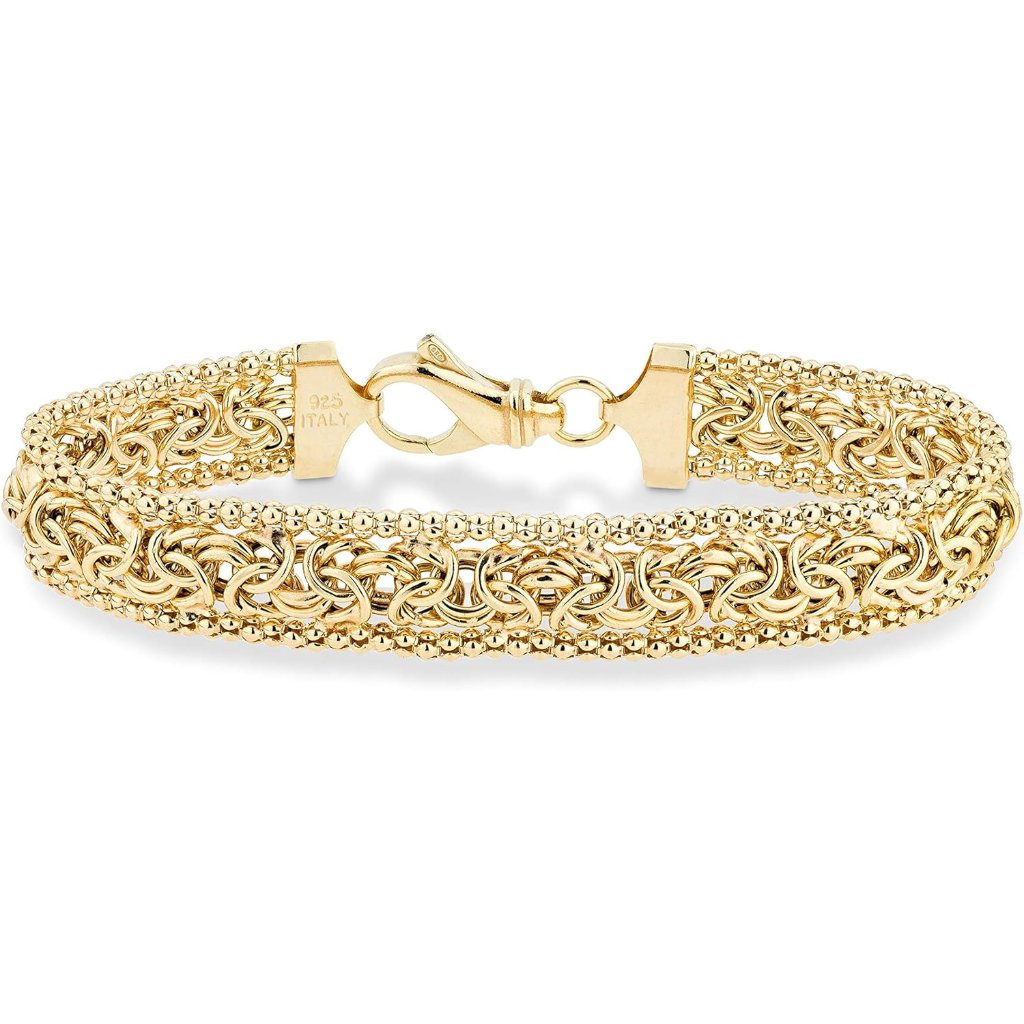 Italian 925 Sterling Silver, 18k Gold Plated Byzantine Beaded Mesh Link Chain Br